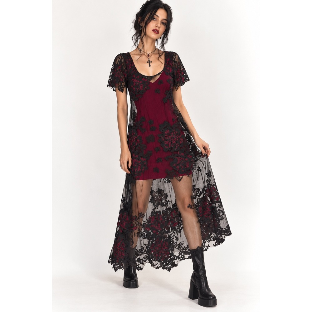Tracy Reese Mesh Floral Midi Dress S Black Burgundy Gothic Whimsigoth Dark Moody